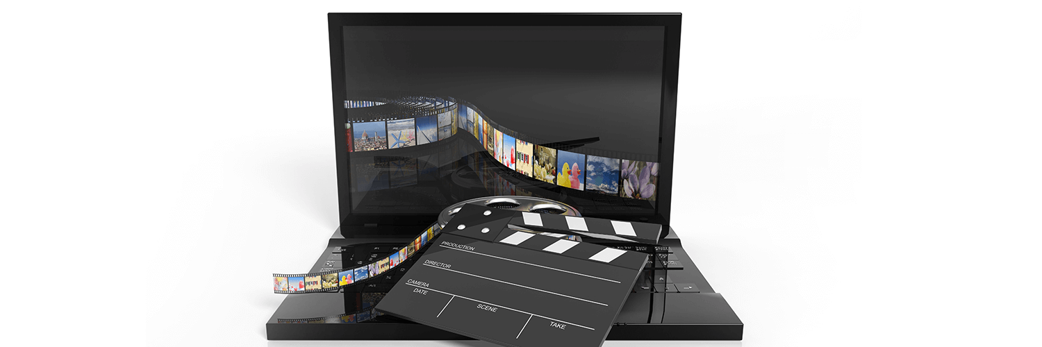 image of laptop with film strip and clapboard